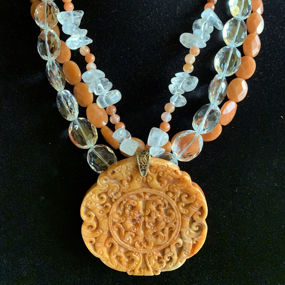 Carnelian, crystal carved disk necklace
